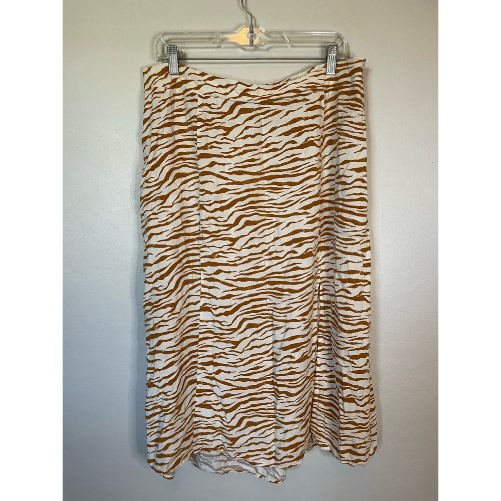 Ava & Viv | Cream and Brown Zebra Stripe Midi Pull On A-Line Slit Skirt Size X